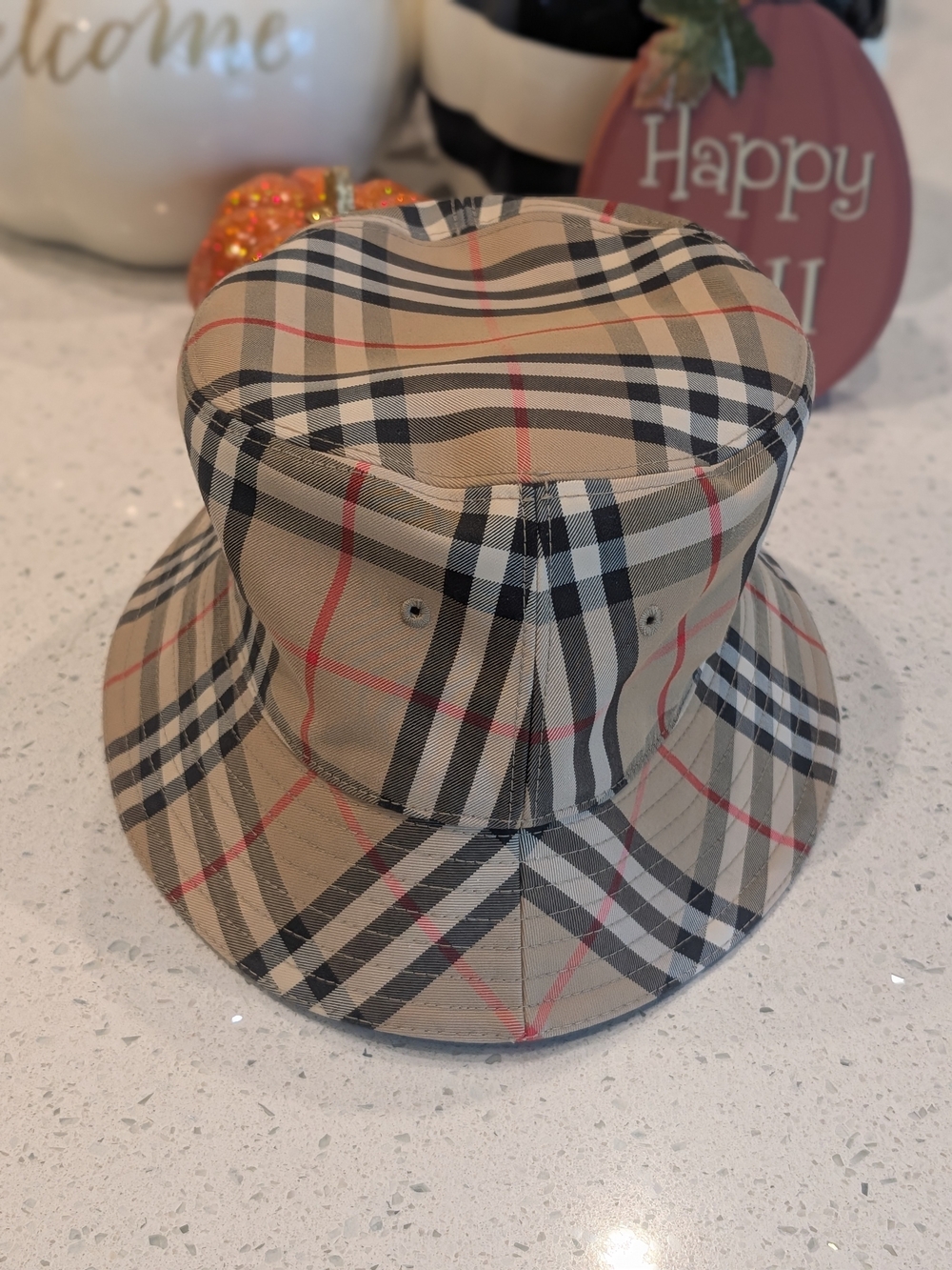 Burberry Beige Plaid Bucket Hat with Red Accents Excellent Condition